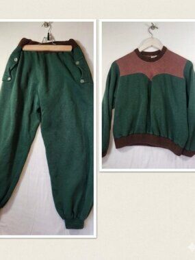 Vintage 1950s Rugby Riro Sweatsuit Set Green Brown Joggers Sweatshirt Two Piece